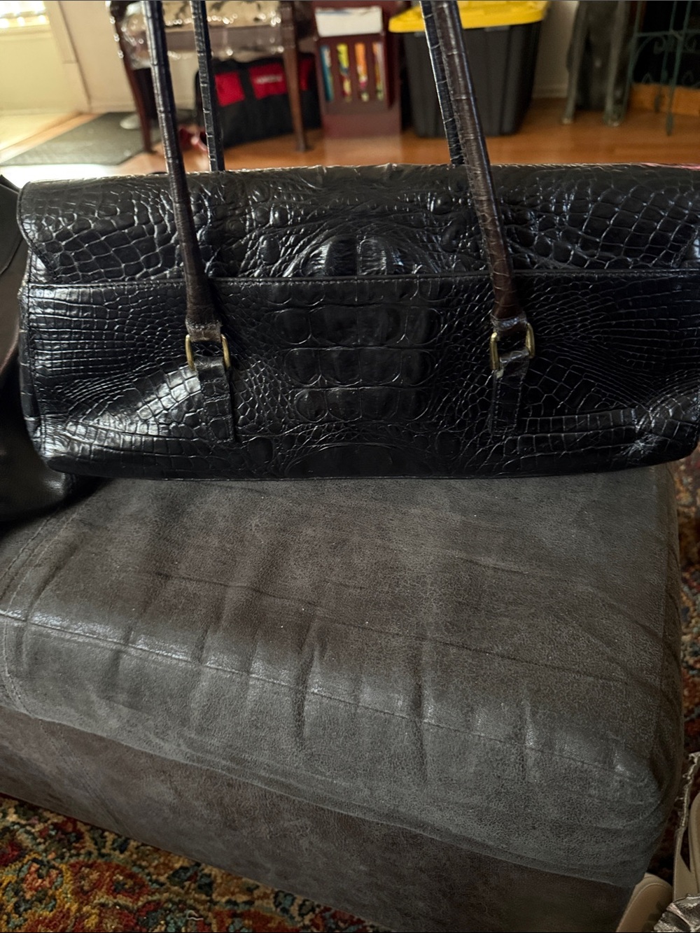 Brahmin Black Croc-Embossed Shoulder Bag with Gold Hardware - Picture 2 of 6